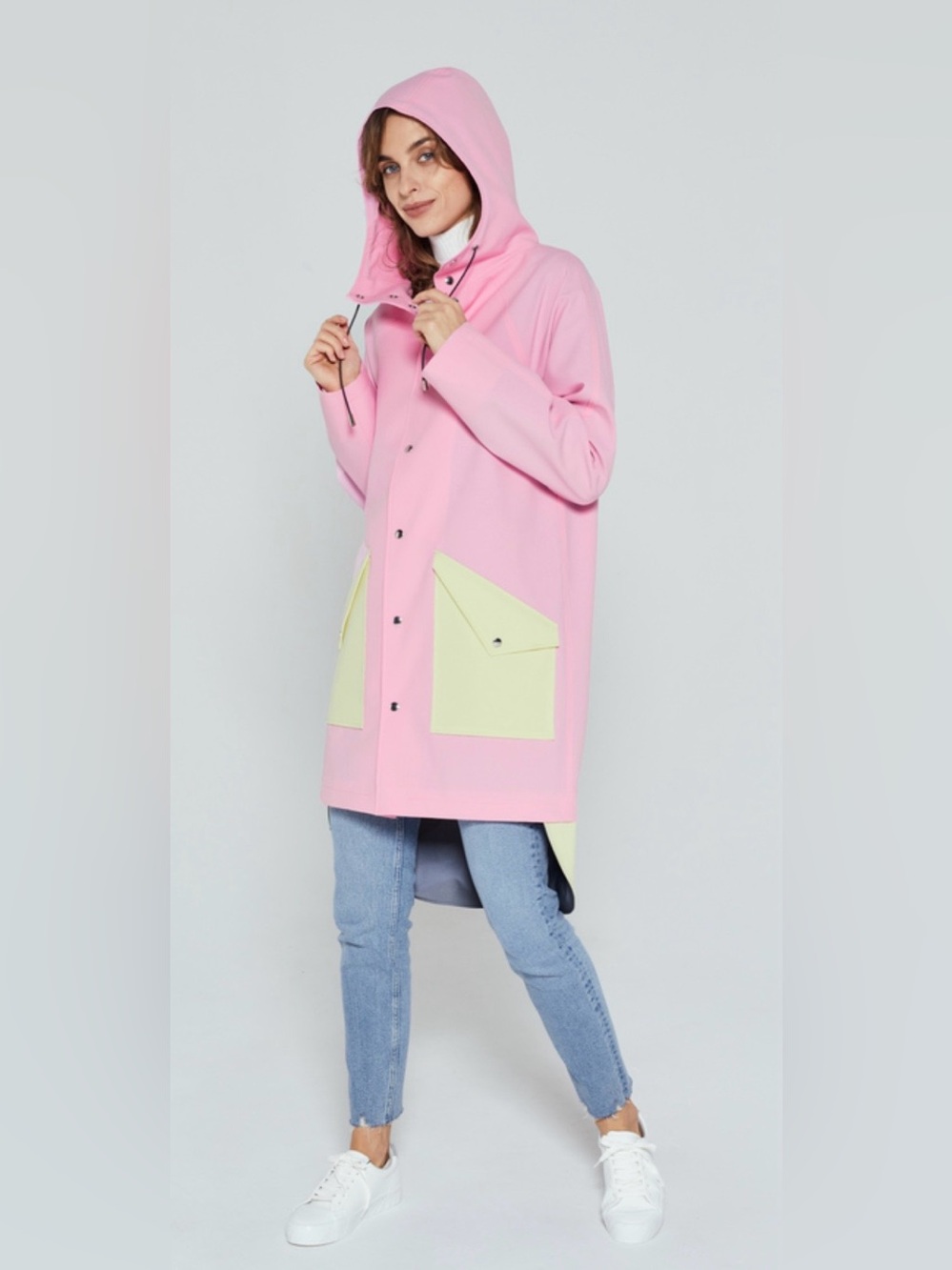 Ducktail Unisex City Raincoat in Light Pink / Pale Yellow - Med